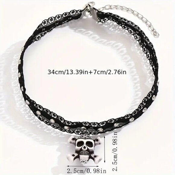 Skull Choker Necklace Lace Goth Emo Rave Scene Skeleton Sexy Trendy Bones Dangle - Picture 4 of 4